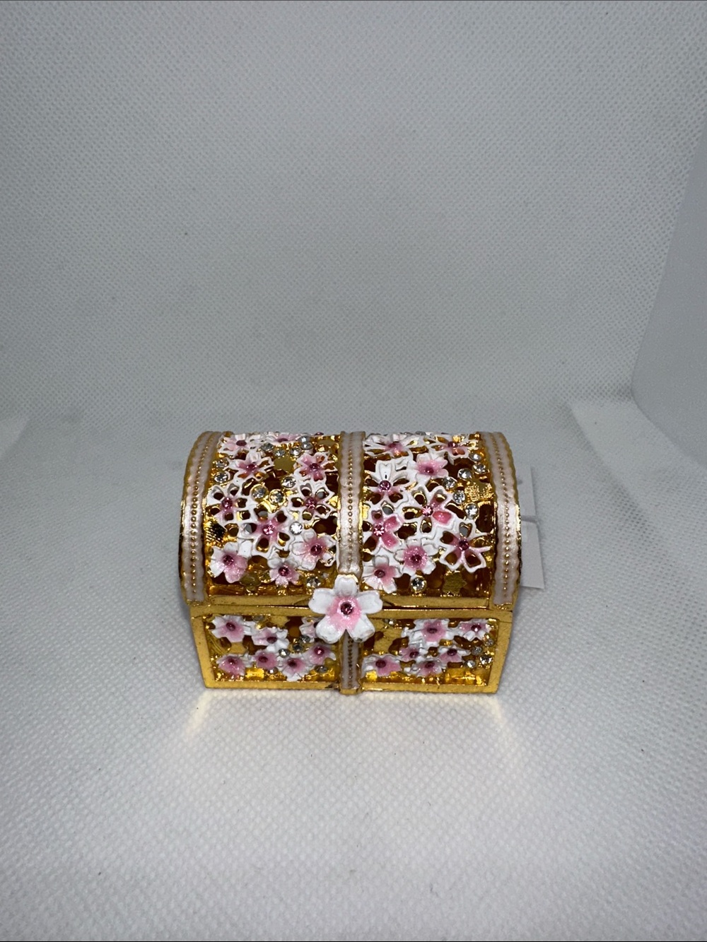 Gold Floral Trinket Box with Pink Enamel Flowers - Picture 1 of 7